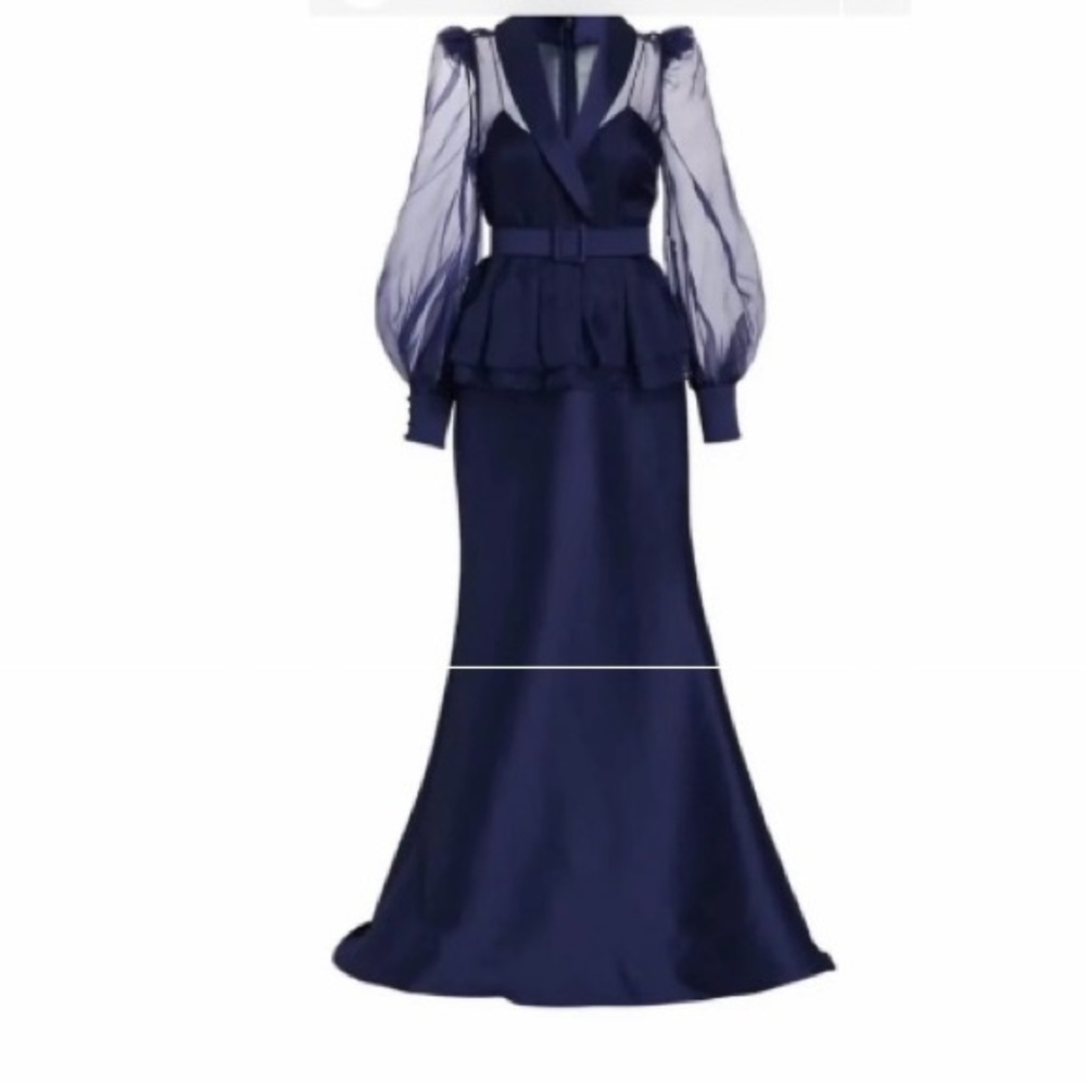 Badgley Mischka Midnight Blue Sheer Sleeve Gown